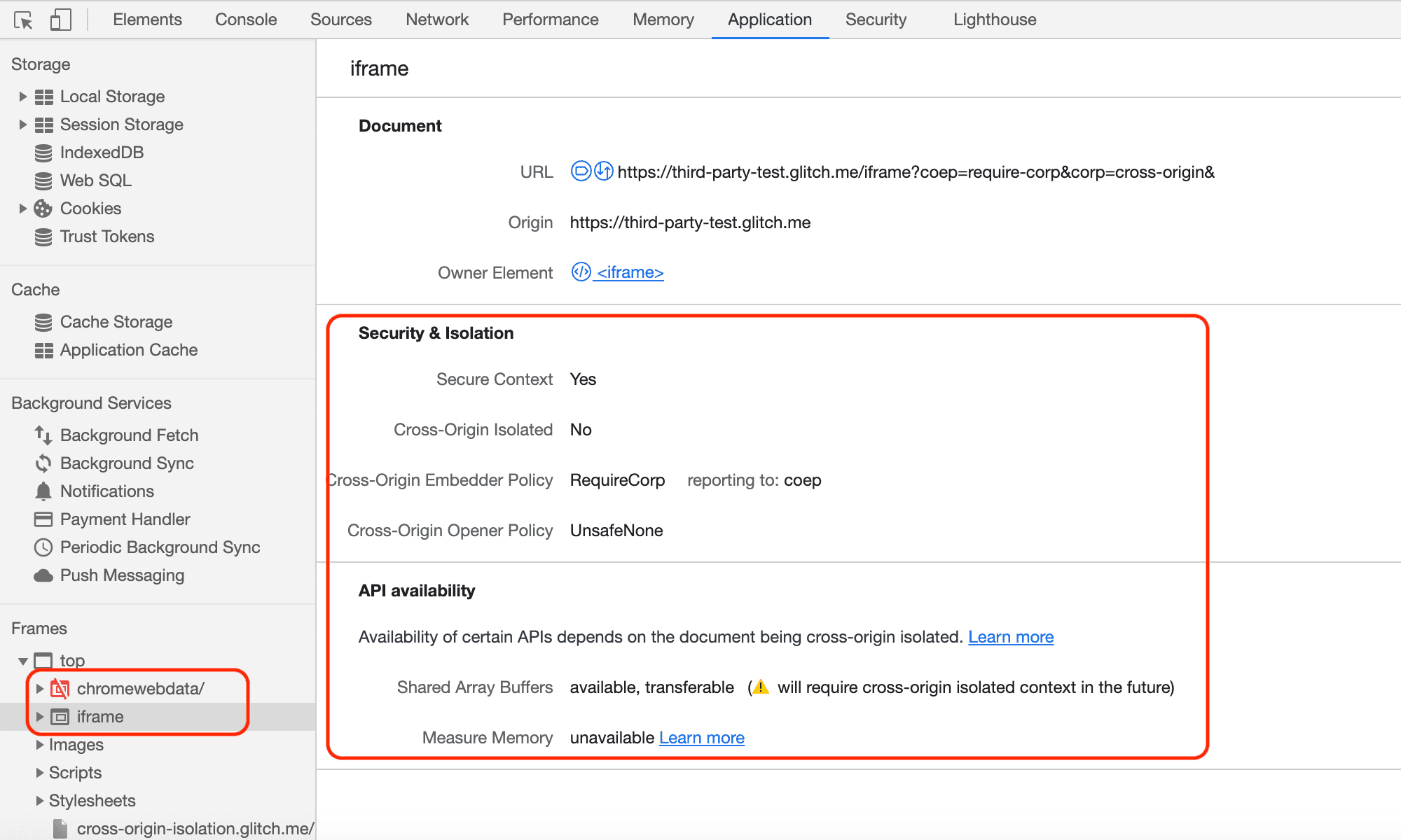 Inspetor de iframe do Chrome DevTools.