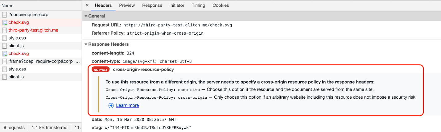 [Network] パネルでネットワーク リソースをクリックすると、[Headers] タブに COEP の問題の詳細が表示されます。
