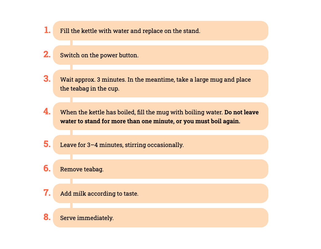 A list detailing the steps required to make tea with milk.