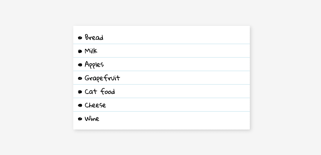 Ekmek, süt, elma gibi öğelerin yer aldığı bir alışveriş listesi.