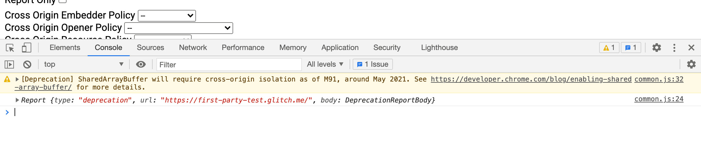 DevTools Console warning when SharedArrayBuffer is used without cross-origin isolation.