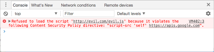 콘솔 오류: 스크립트 &#39;http://evil.example.com/evil.js&#39;가 콘텐츠 보안 정책 지침(script-src &#39;self&#39; https://apis.google.com)을 위반하여 로드가 거부되었습니다.