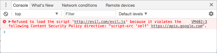콘솔 오류: 스크립트 'http://evil.example.com/evil.js'가 script-src 'self' https://apis.google.com이라는 콘텐츠 보안 정책을 위반하므로 로드를 거부함