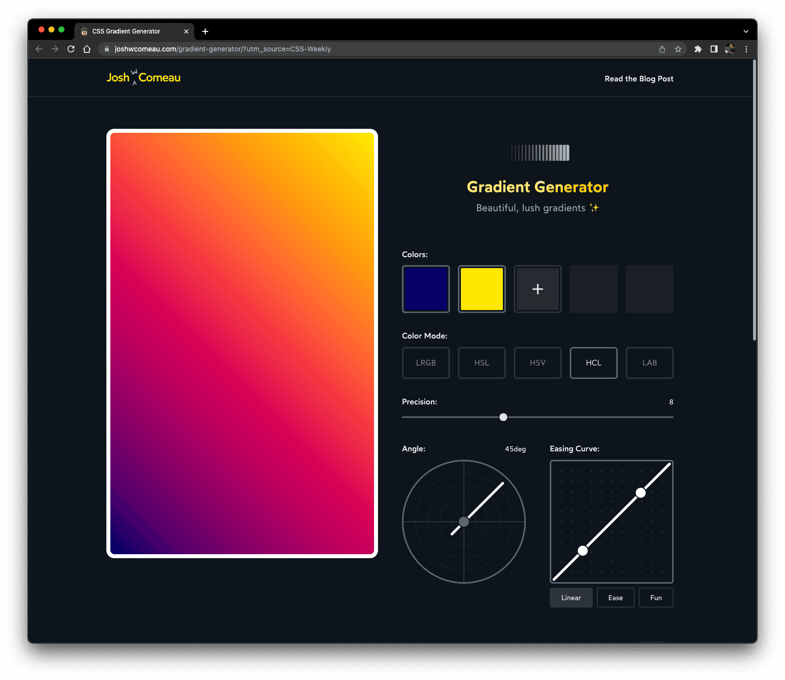 A screenshot of the Gradient Editor with a simple linear gradient.