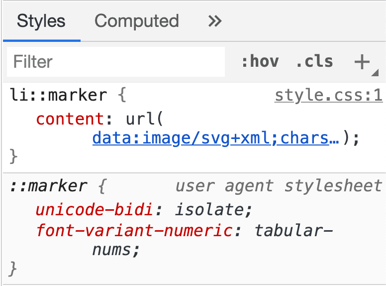DevTools open and showing styles from the user agent and the user styles