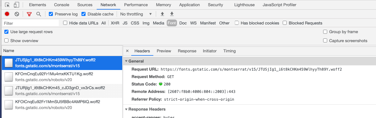 Captura de tela de uma fonte exibida no DevTools