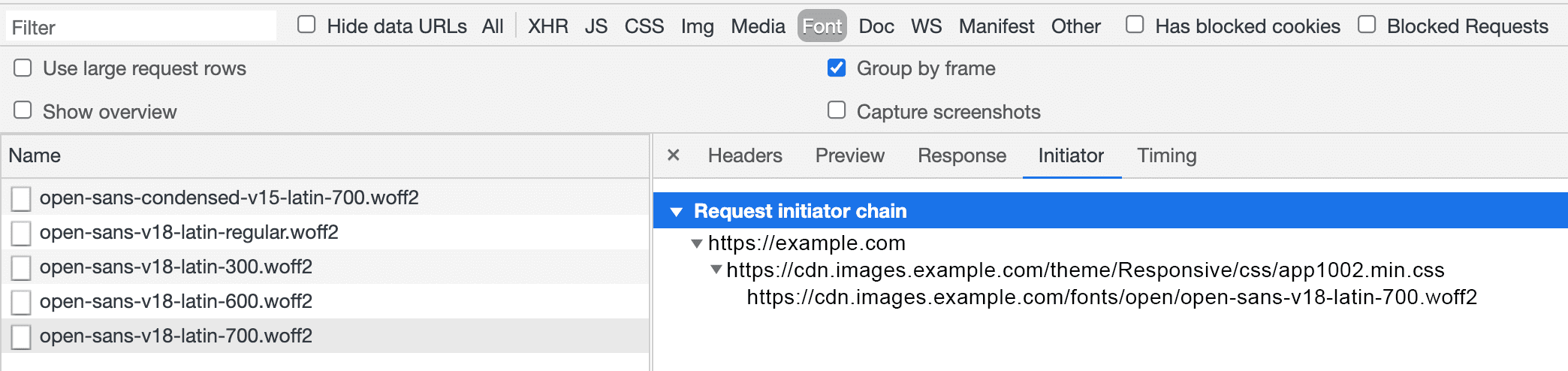DevTools의 'Initiator'(시작자) 탭 스크린샷
