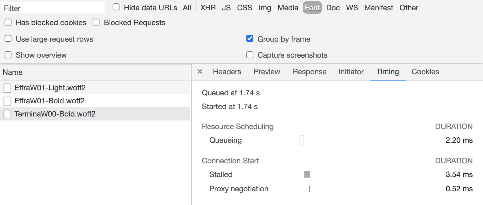 Capture d'écran de l'onglet "Timing" (Timing) dans les outils de développement