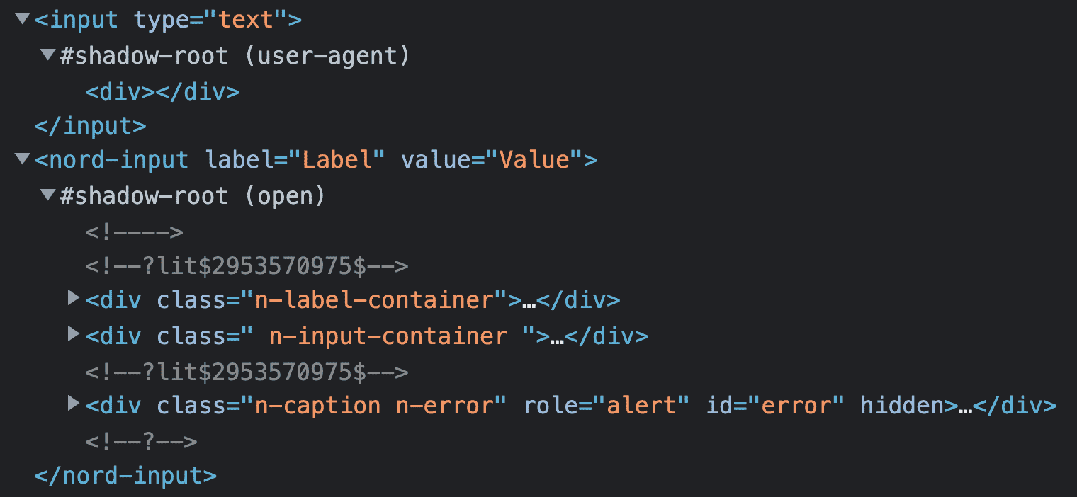 Geliştirici Araçları'nda incelenen gölge DOM.