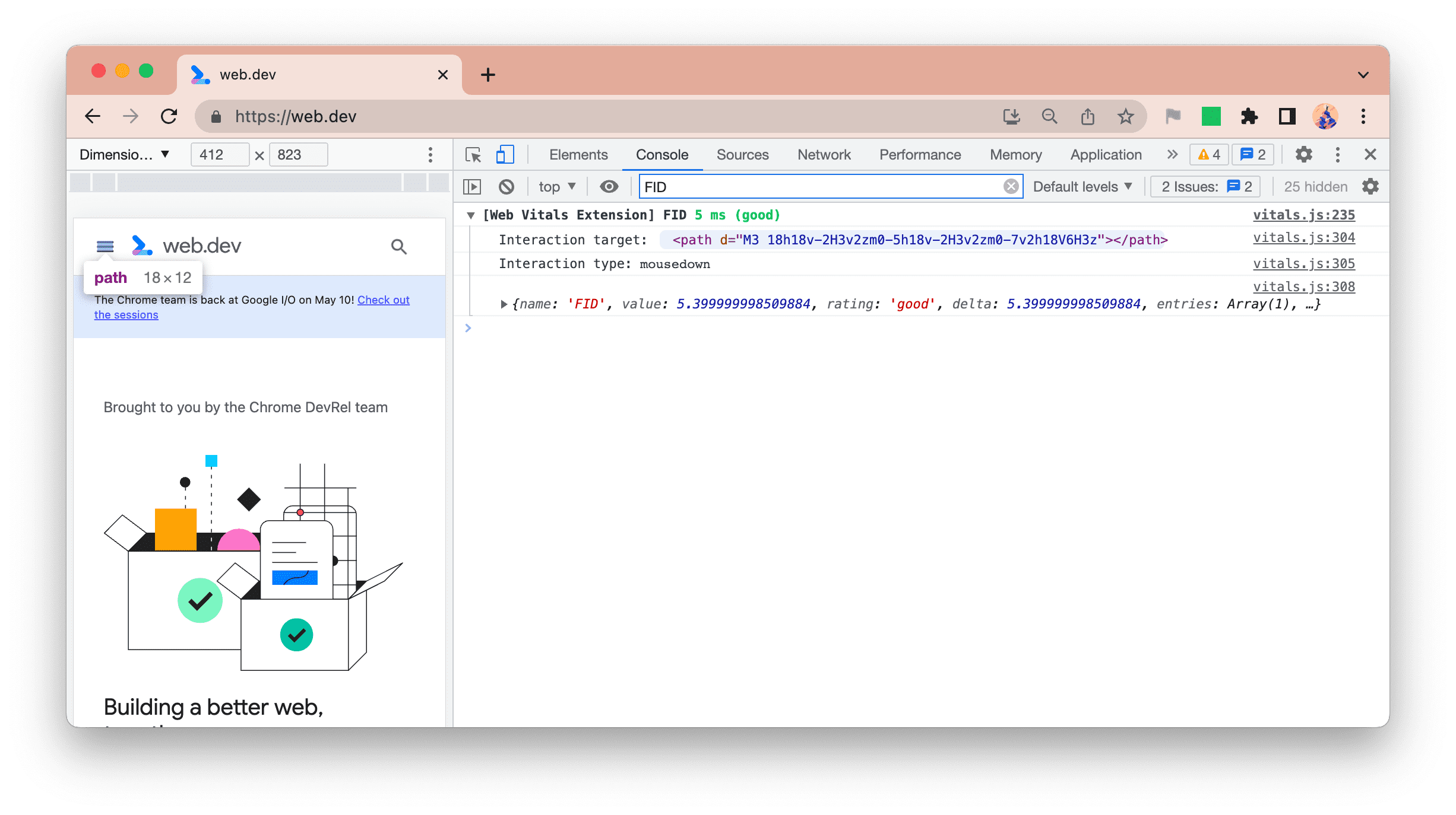 Nuevo registro de la consola de la extensión de Web Vitals que muestra el objetivo y el tipo de FID