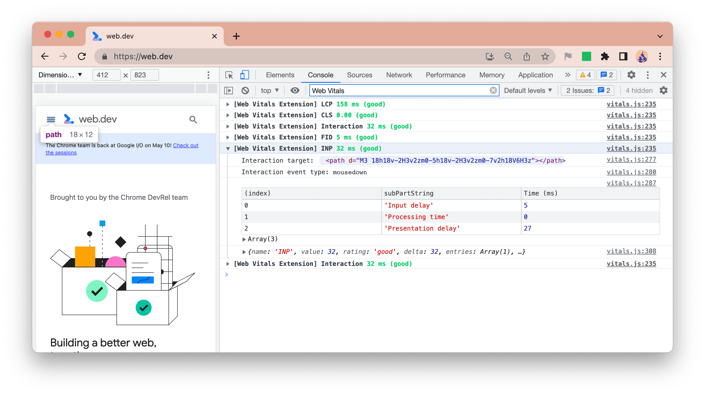 การบันทึกคอนโซลใหม่ของส่วนขยาย Web Vitals ที่แสดงเป้าหมาย INP, ประเภทเหตุการณ์ และรายละเอียด