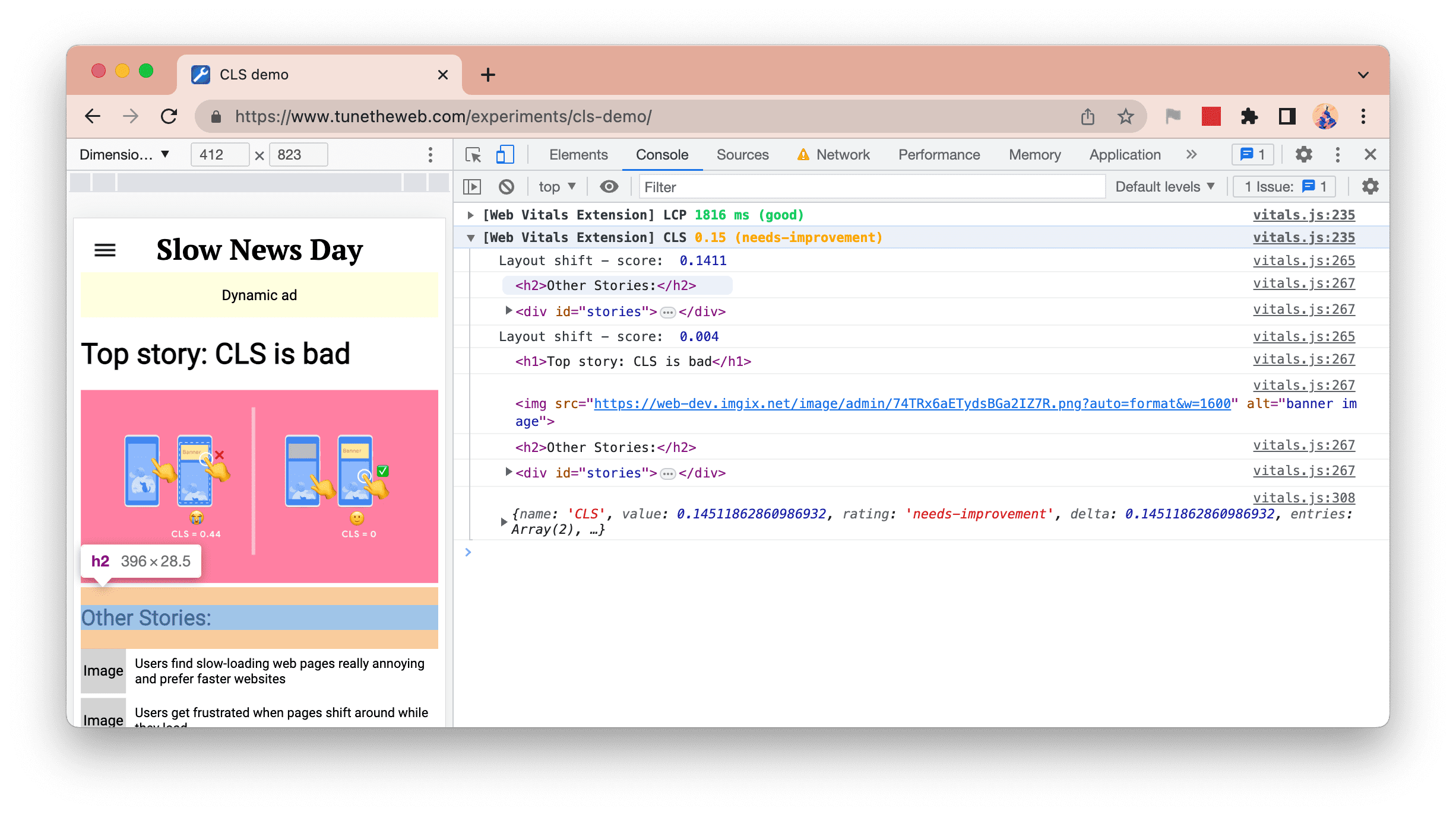 Nuovi log della console dell&#39;estensione Web Vitals che mostrano ogni variazione dell&#39;elemento CLS