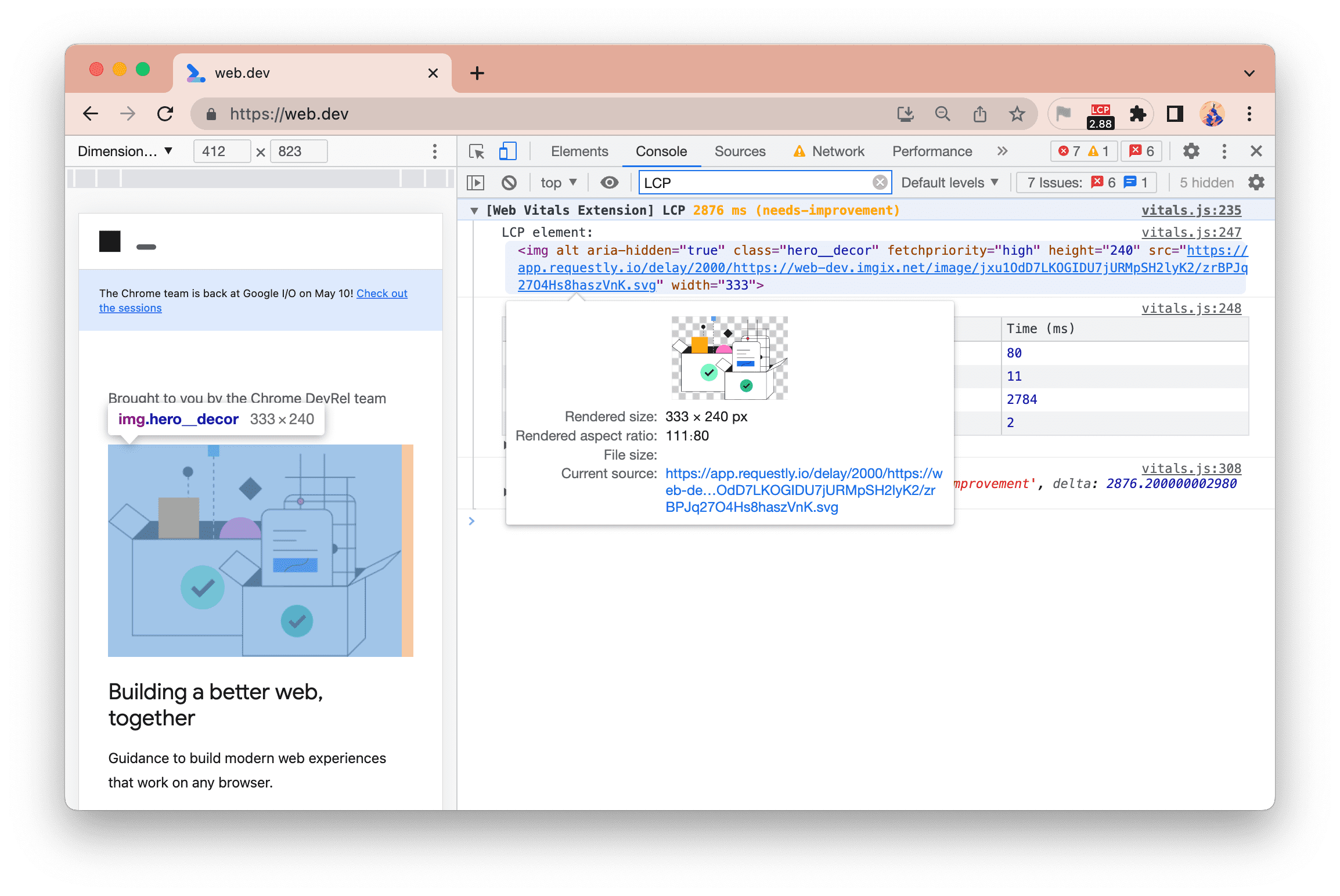 A geração de registros do novo console da extensão das Métricas da Web mantém o destaque do elemento ao passar o cursor