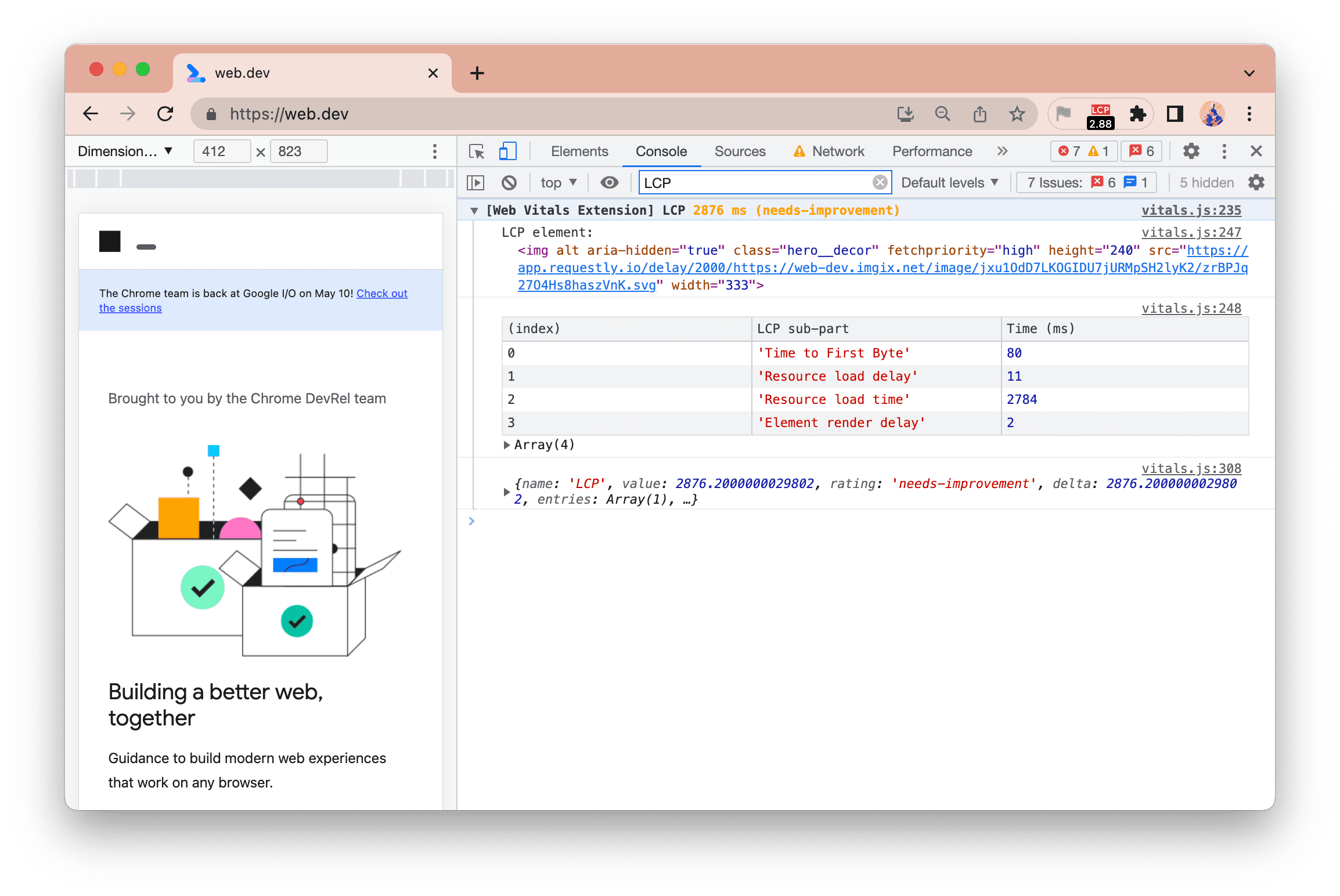 Journalisation de la nouvelle console de l&#39;extension Web Vitals affichant les éléments et sous-parties du LCP