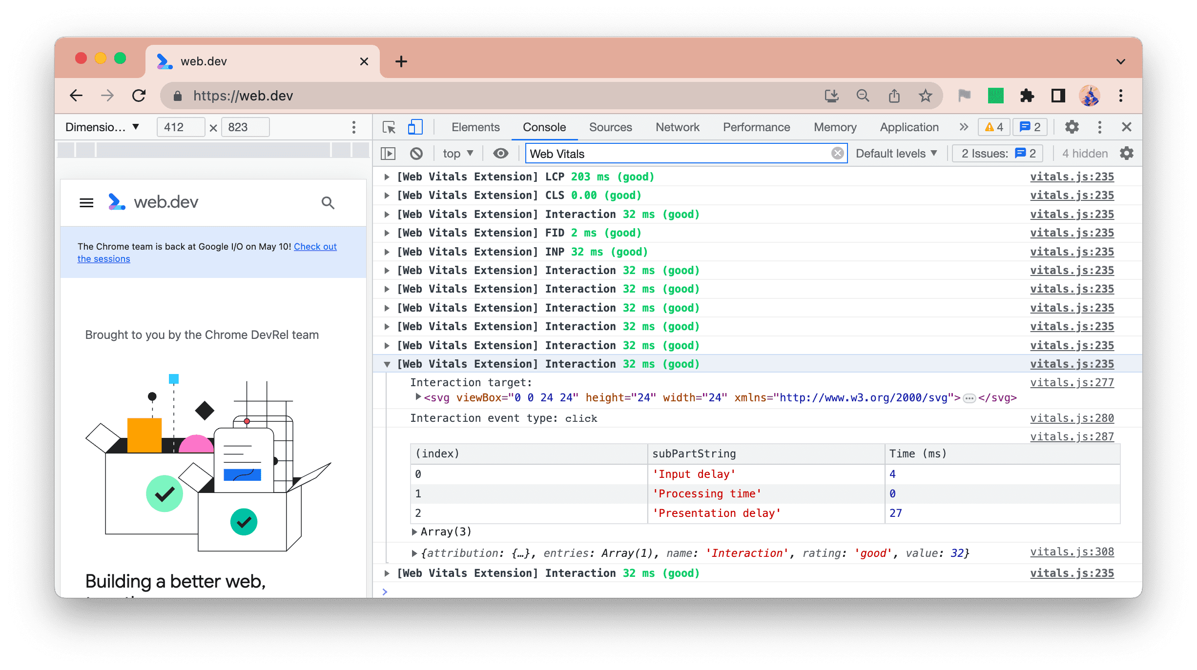 Neue Konsolenprotokollierung der Web Vitals-Erweiterung mit allen Interaktionen