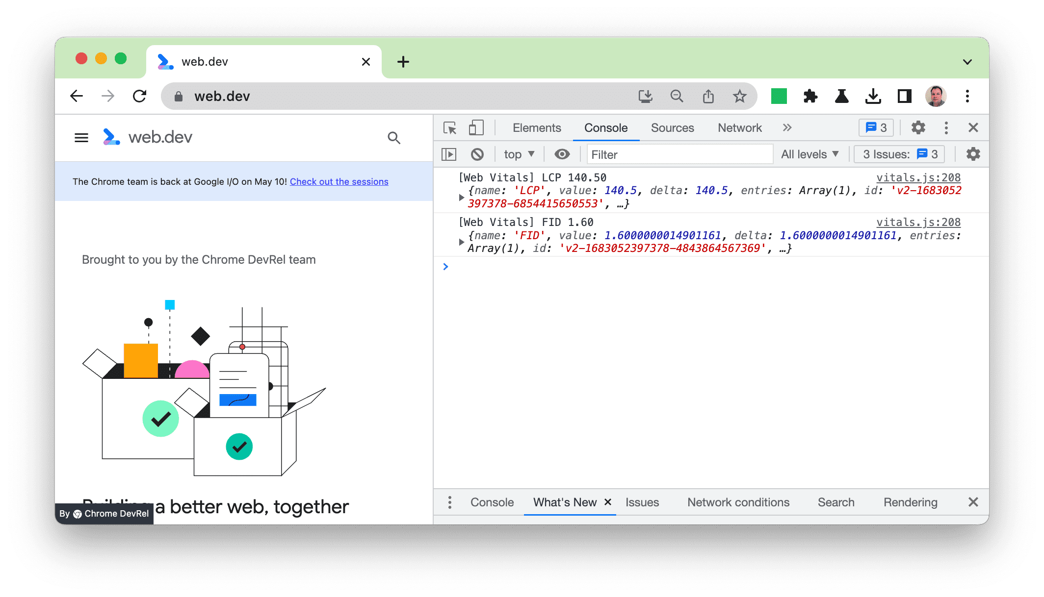 Log della console precedente dell&#39;estensione Web Vitals