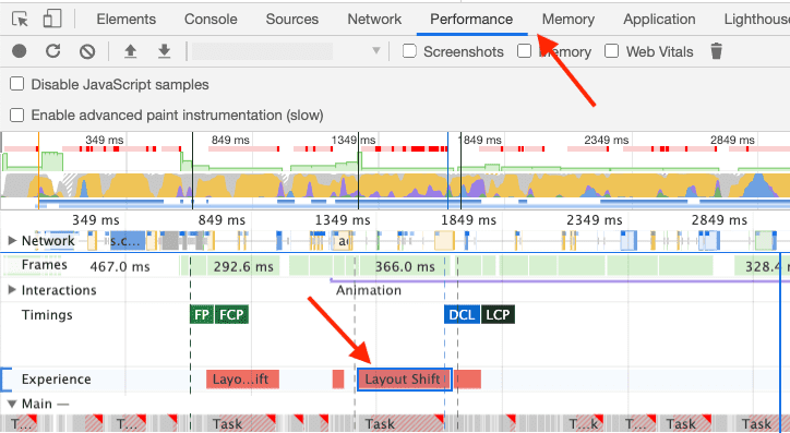 Screenshot eines Layout Shifts im Bereich „Network“ der Entwicklertools