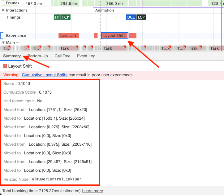 Screenshot of the DevTools 'Summary' tab for a layout shift