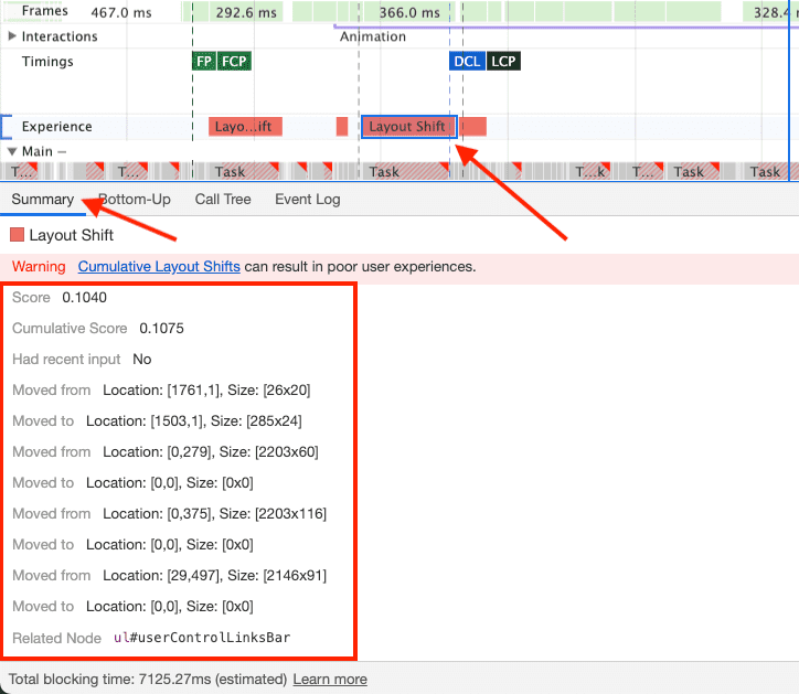 Captura de pantalla de la pestaña &quot;Resumen&quot; de DevTools para un cambio de diseño