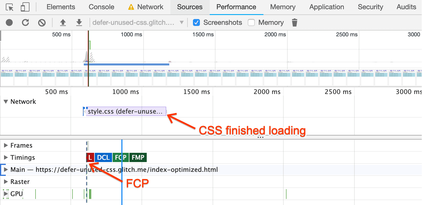 最適化されていないページの DevTools パフォーマンス トレース。CSS が読み込まれる前に FCP が始まっています。