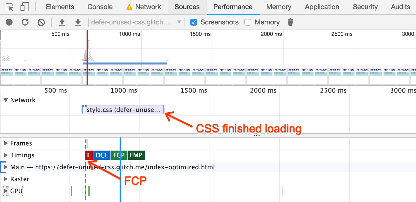 CSS가 로드되기 전에 시작되는 FCP를 보여주는 최적화된 페이지의 DevTools 성능 트레이스