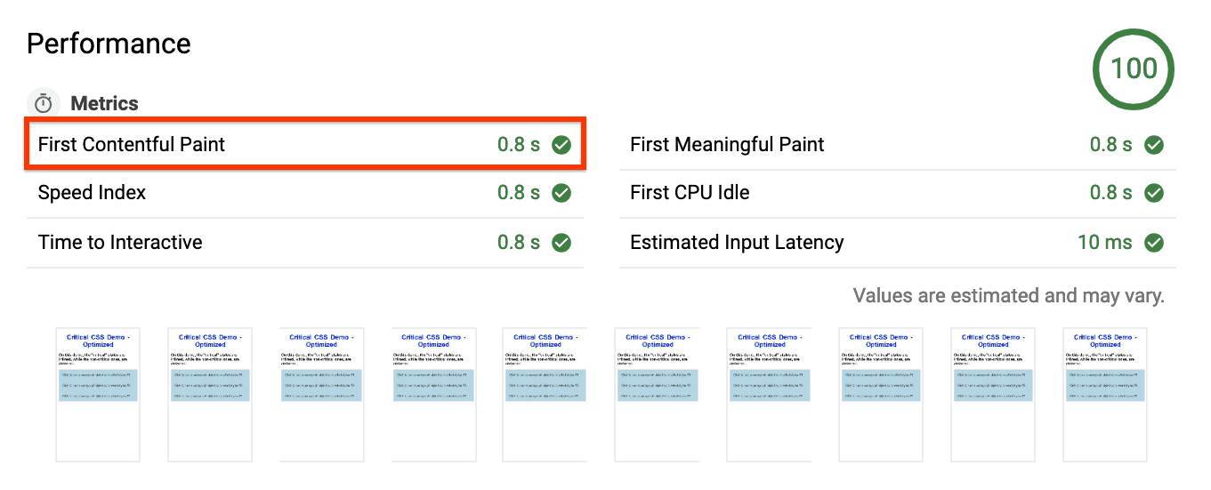 Lighthouse report, showing an FCP value of '0.8s'.