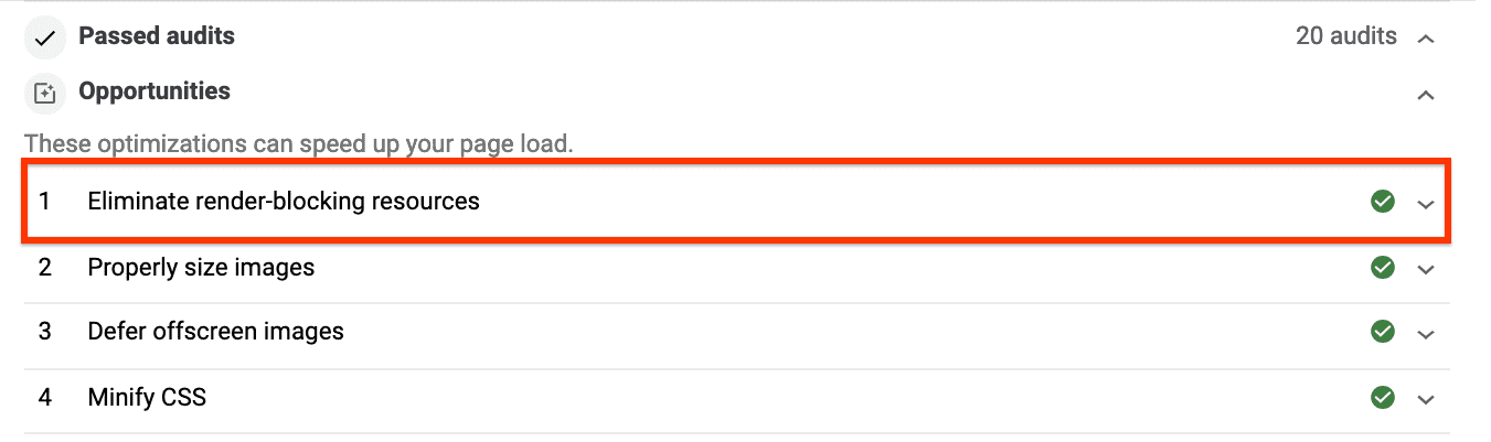 Lighthouse report, showing 'Eliminate blocing resources' on the 'Passed Audits' section.