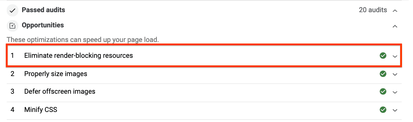 Lighthouse レポートの図。[合格した監査] セクションに [レンダリングをブロックするリソースを排除する] が表示されています。