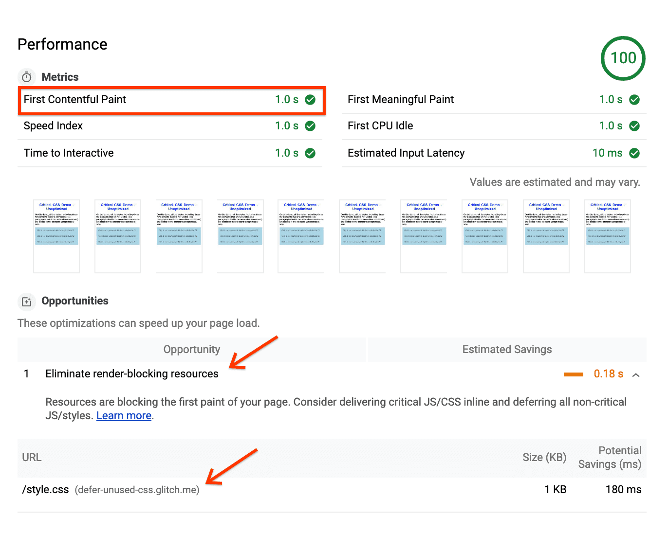 Lighthouse report for unoptimized page, showing FCP of '1s' and 'Eliminate blocking resources' under 'Opportunities'