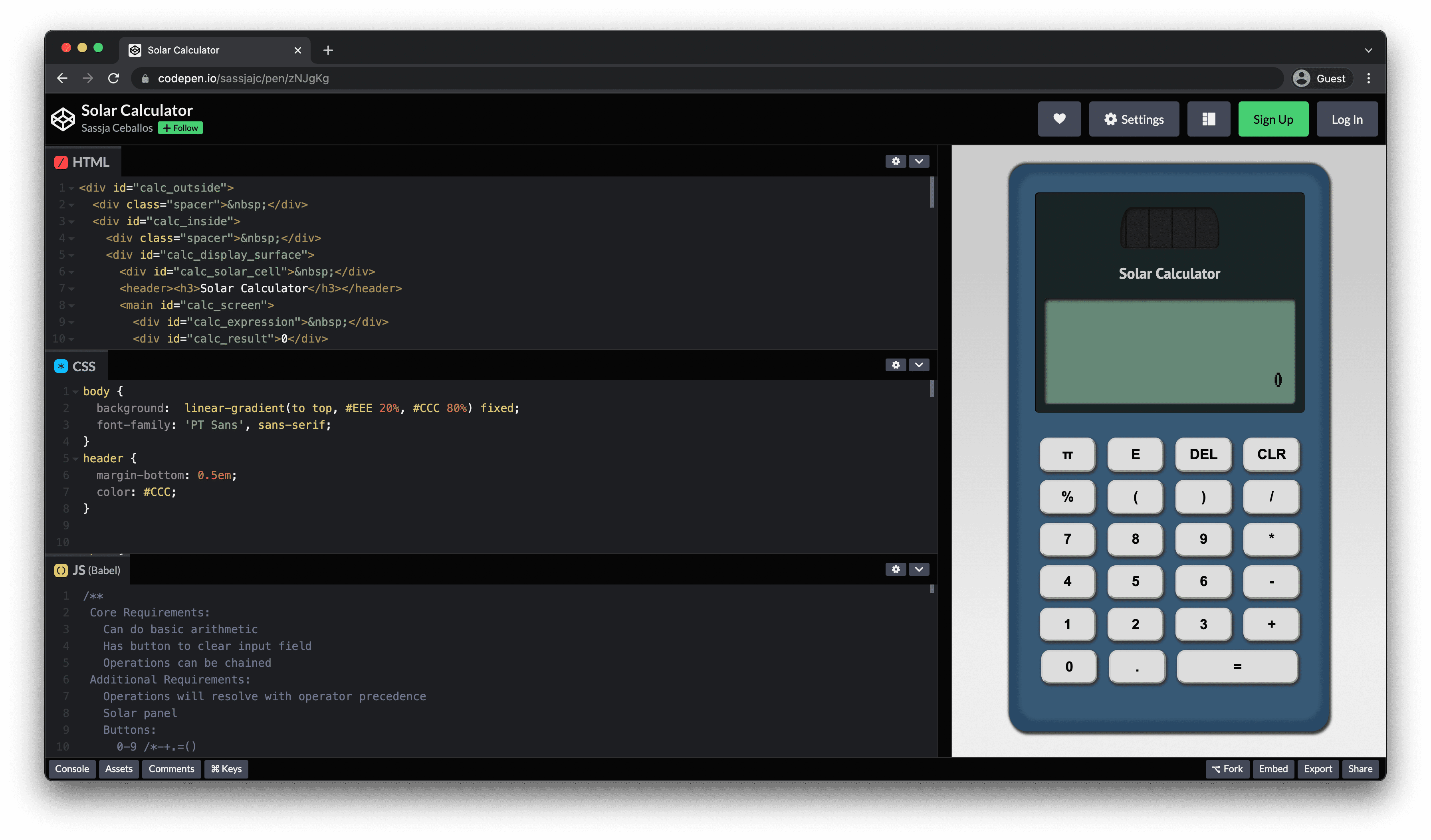 CodePen view with stacked HTML, CSS, and JS panels on the left and the calculator preview on the right.