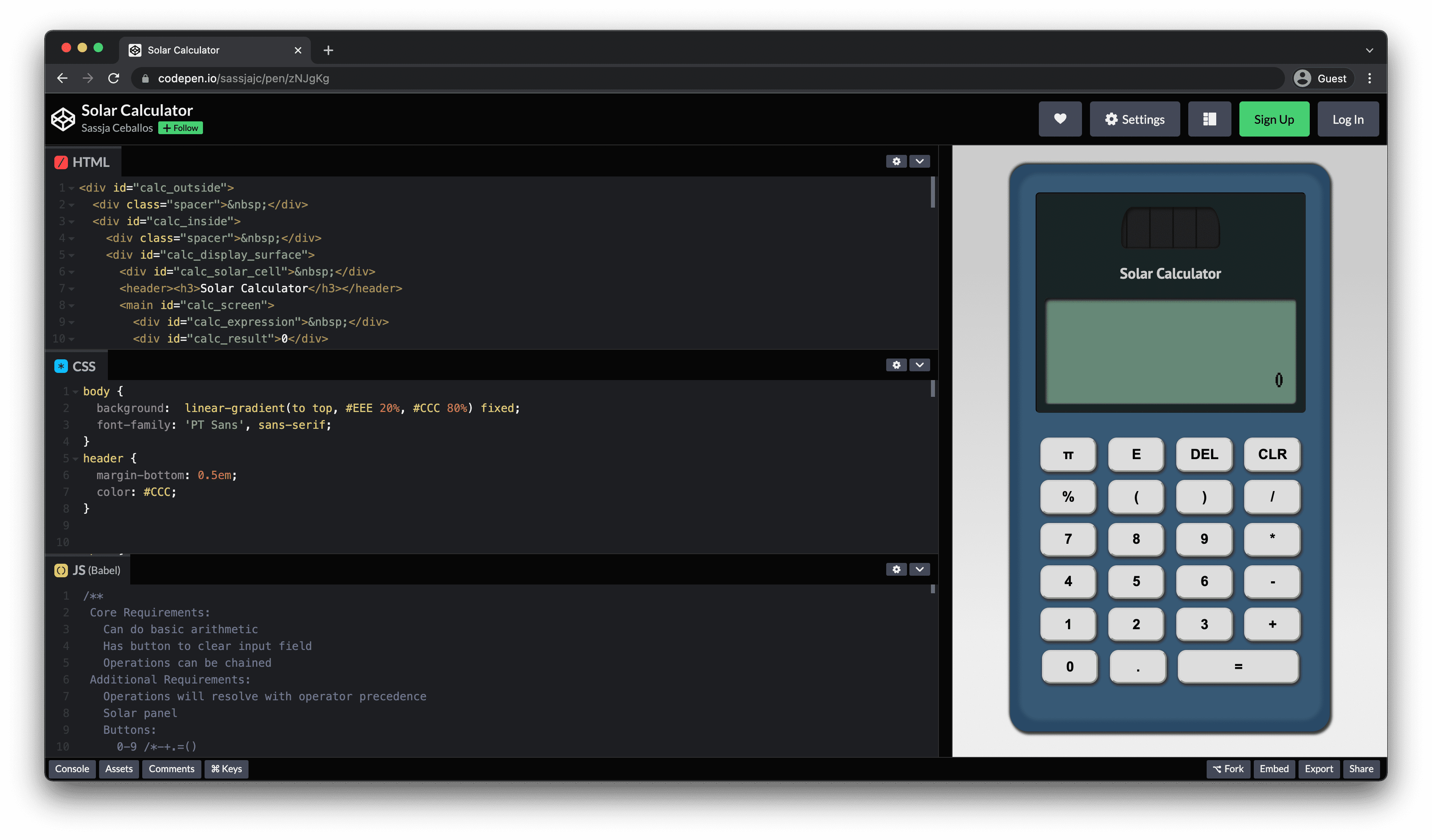 Vista CodePen con paneles HTML, CSS y JS apilados a la izquierda, y la vista previa de la calculadora a la derecha.