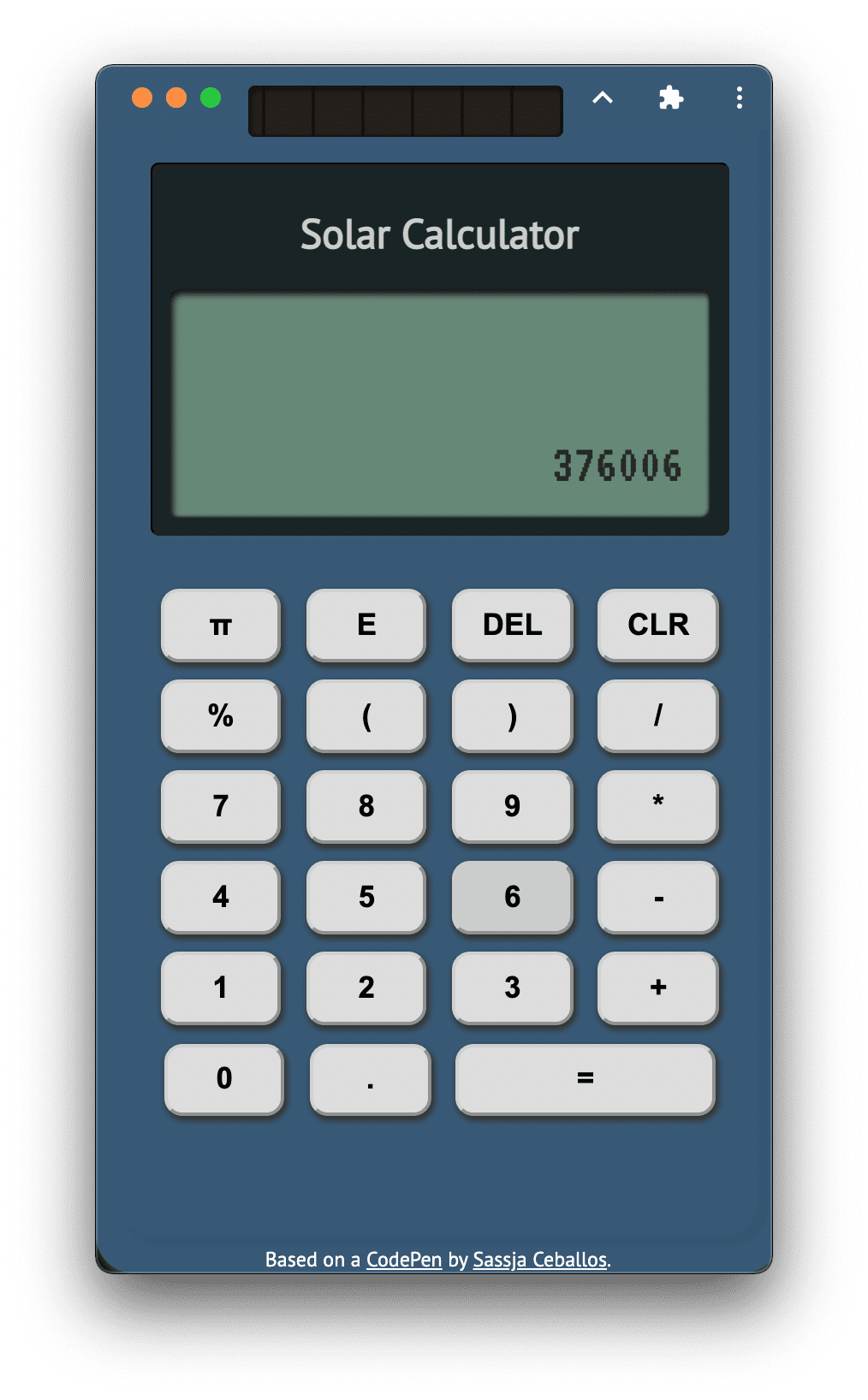 スタンドアロン モードで実行し、ウィンドウ コントロール オーバーレイ機能がアクティブになっている Designcember Calculator。ディスプレイには、電卓のアルファベットで「Google」と表示されます。