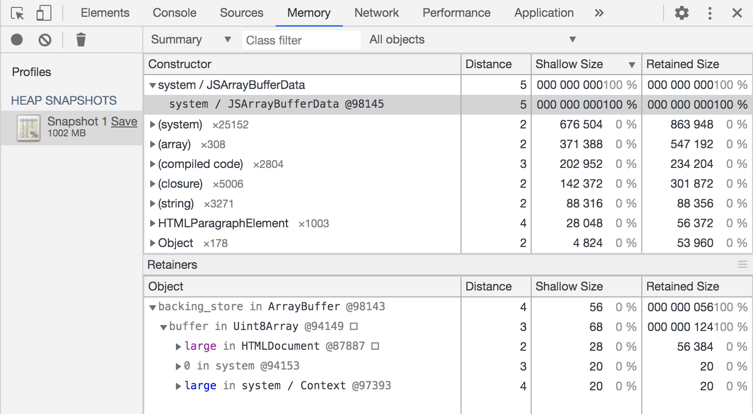 大きなオブジェクトを保持する参照を示す Chrome DevTools のヒープ スナップショットのスクリーンショット。