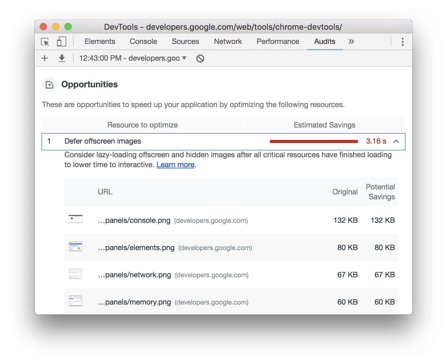 An expanded audit titled Defer offscreen images shows a number of image paths that can be optimized.