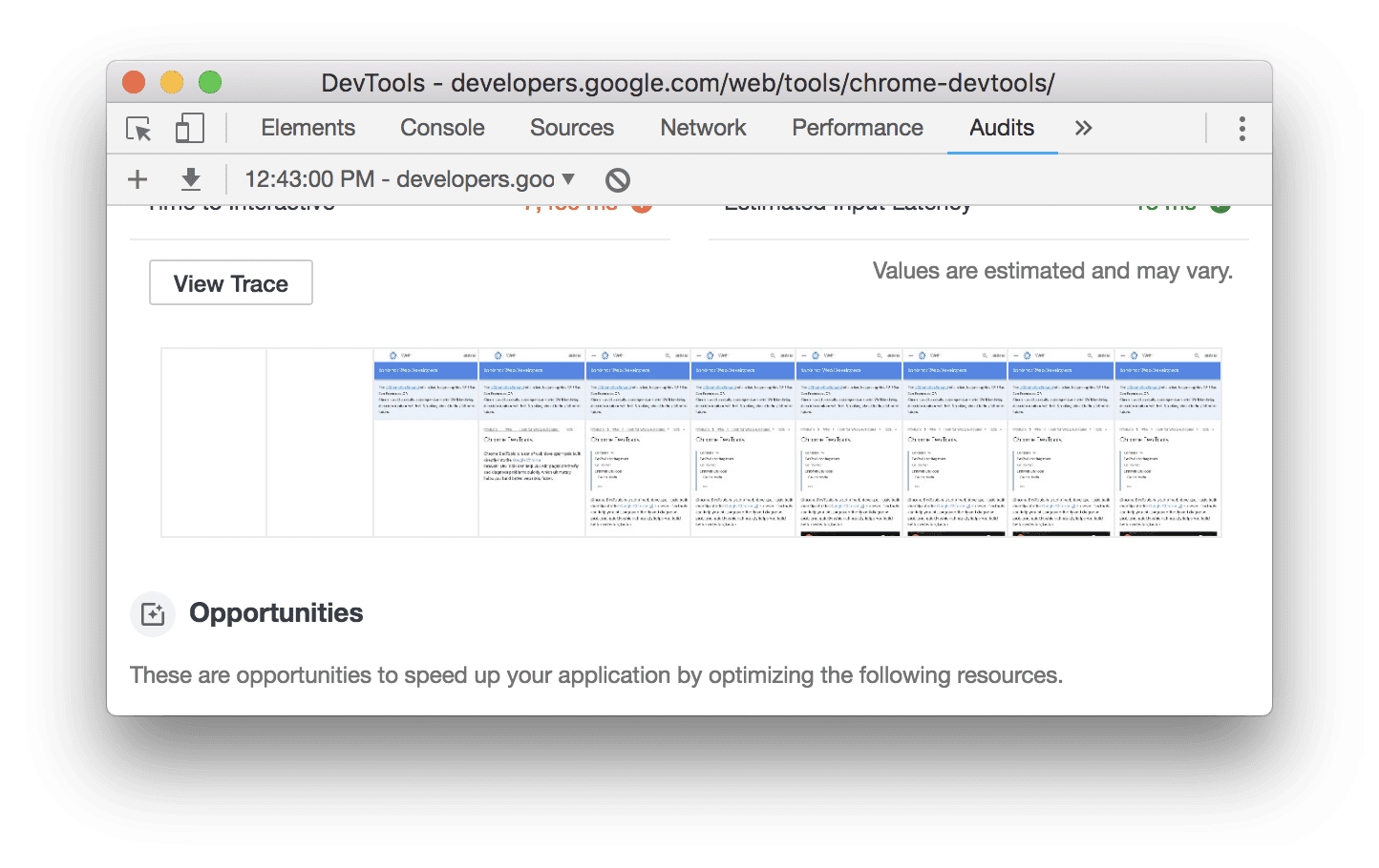 DevTools' filmstrip view of a page loading.