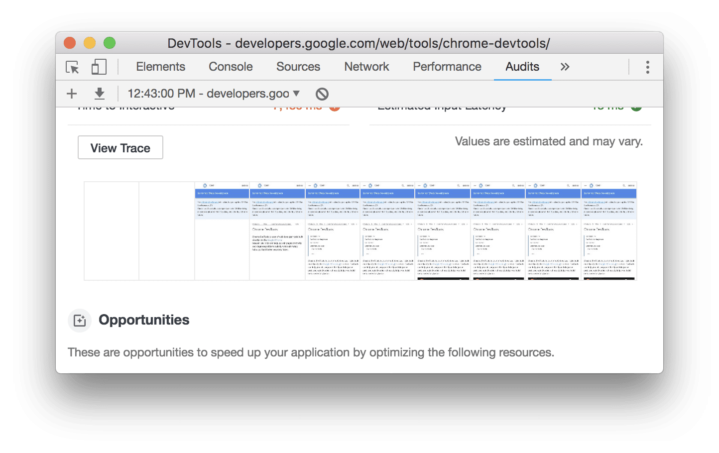 DevTools 的胶片视图，显示了网页加载过程。