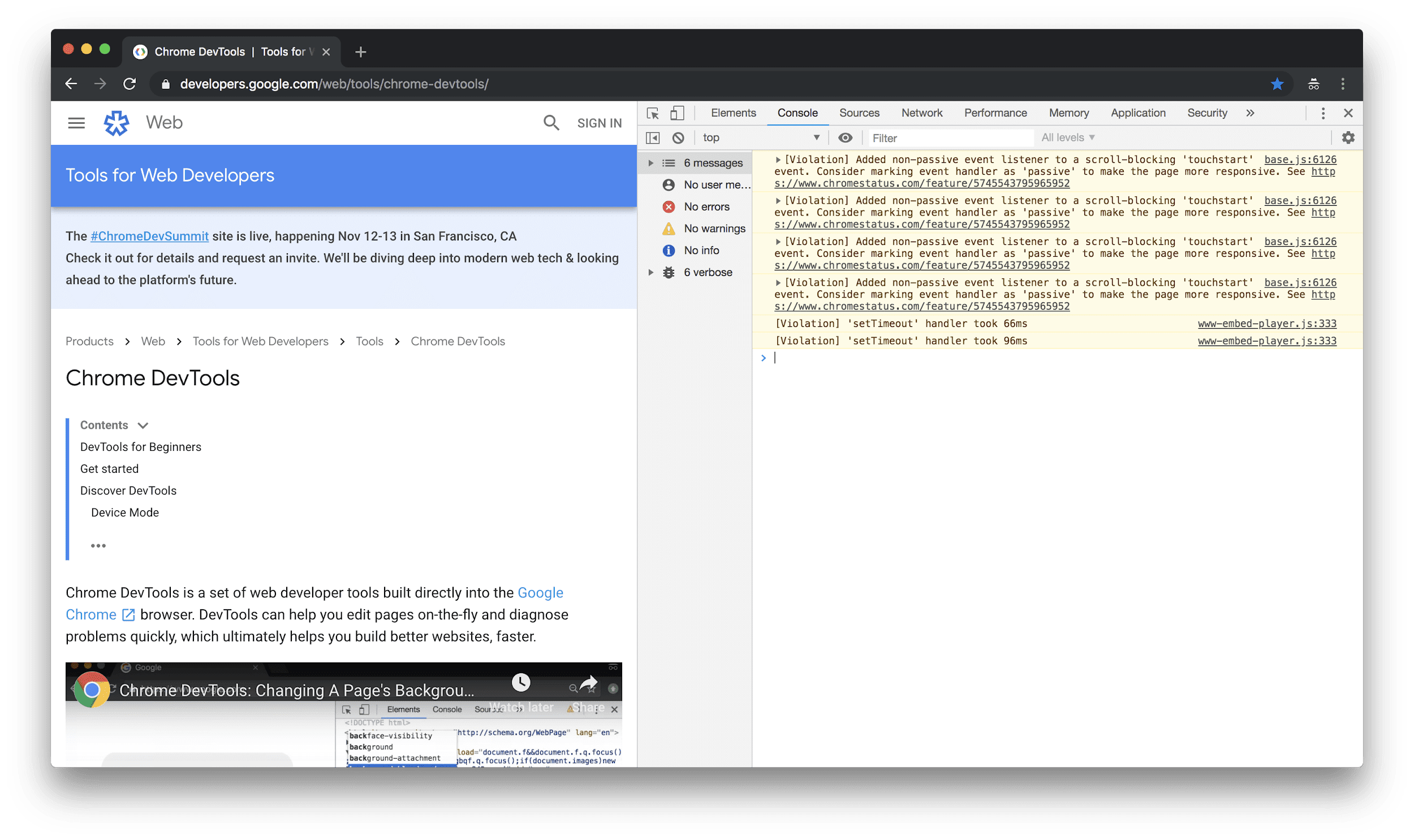 DevTools opened and docked to the right hand side of the screen.
