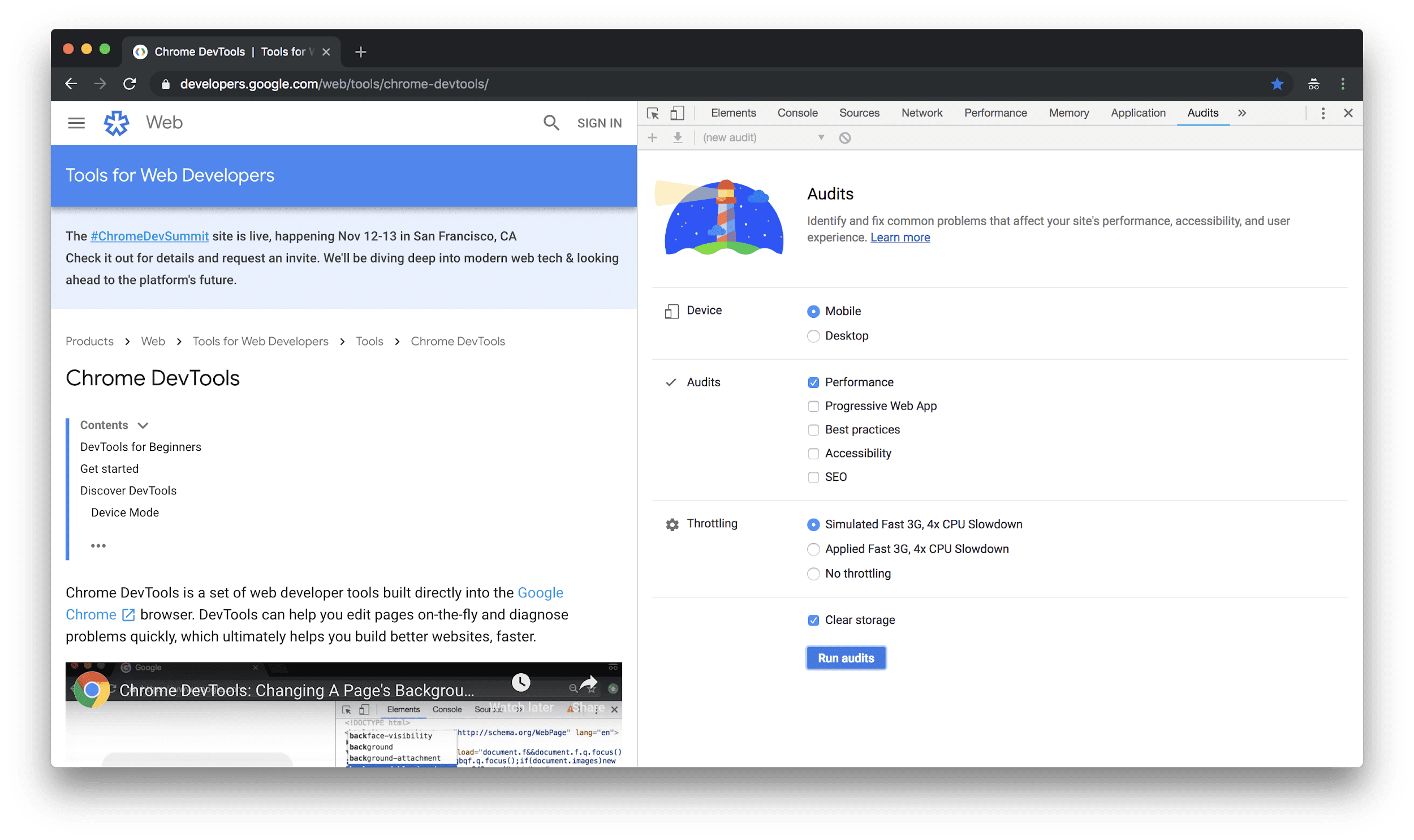 DevTools открыл панель аудита Lighthouse.