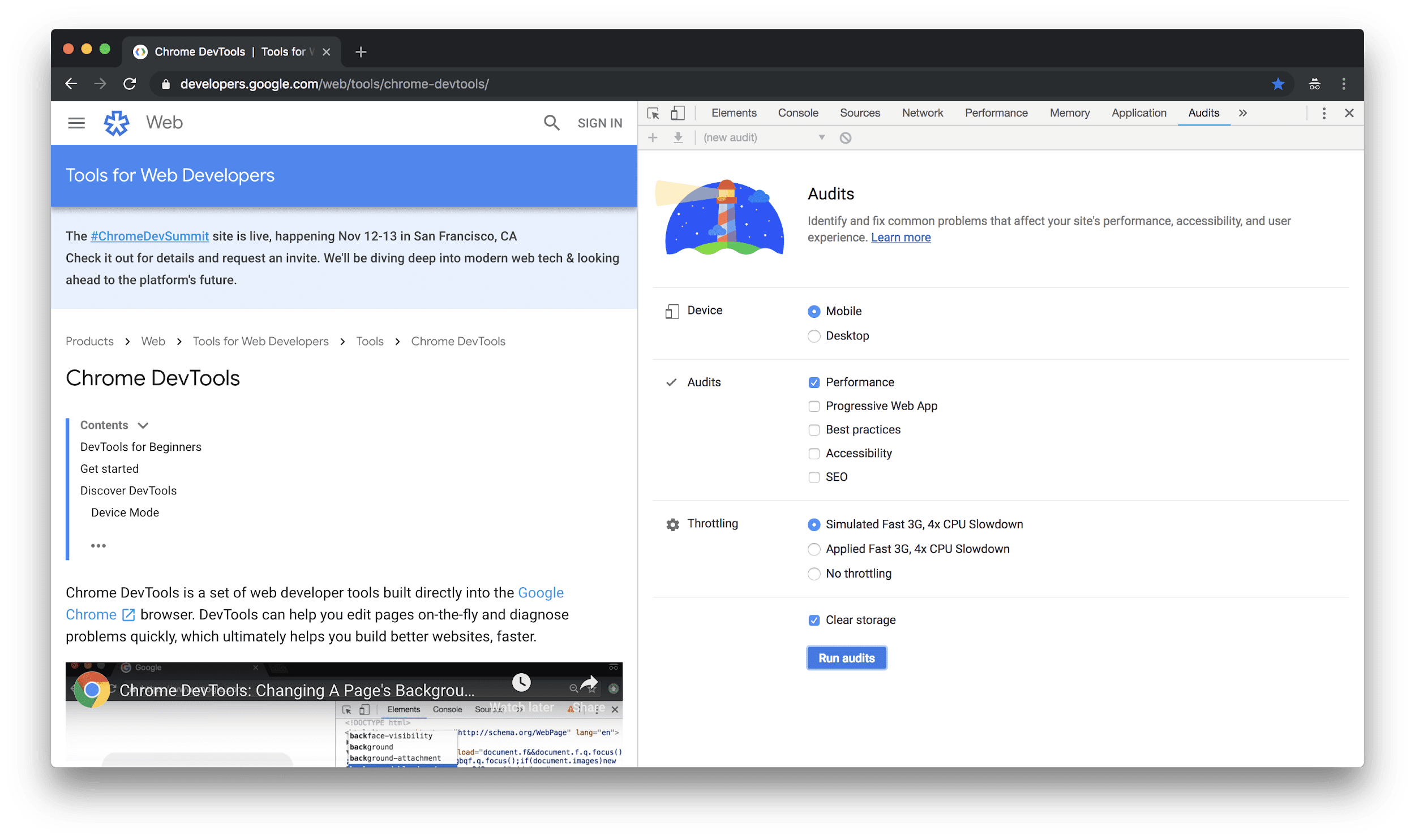 Lighthouse 감사 패널이 열린 DevTools