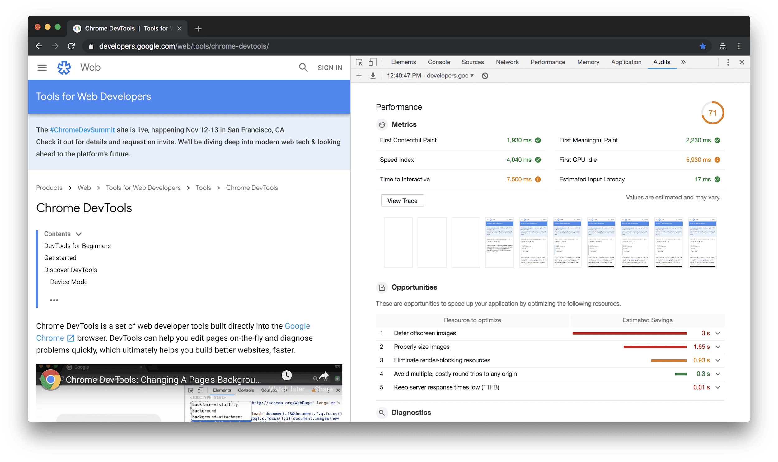 DevTools showing a Lighthouse audit results report.