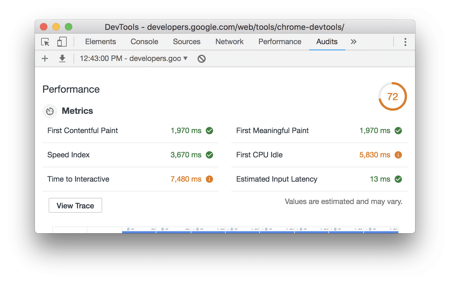 Lighthouse metrics scores showing green, passing scores, and yellow, warning scores.