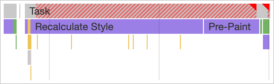 Capture d&#39;écran d&#39;une tâche longue causée par un nombre excessif de tâches d&#39;affichage dans le panneau des performances des outils pour les développeurs Chrome. La pile d&#39;appel de la tâche longue indique un temps important passé à recalculer les styles de page, ainsi qu&#39;à effectuer un pré-peinture.