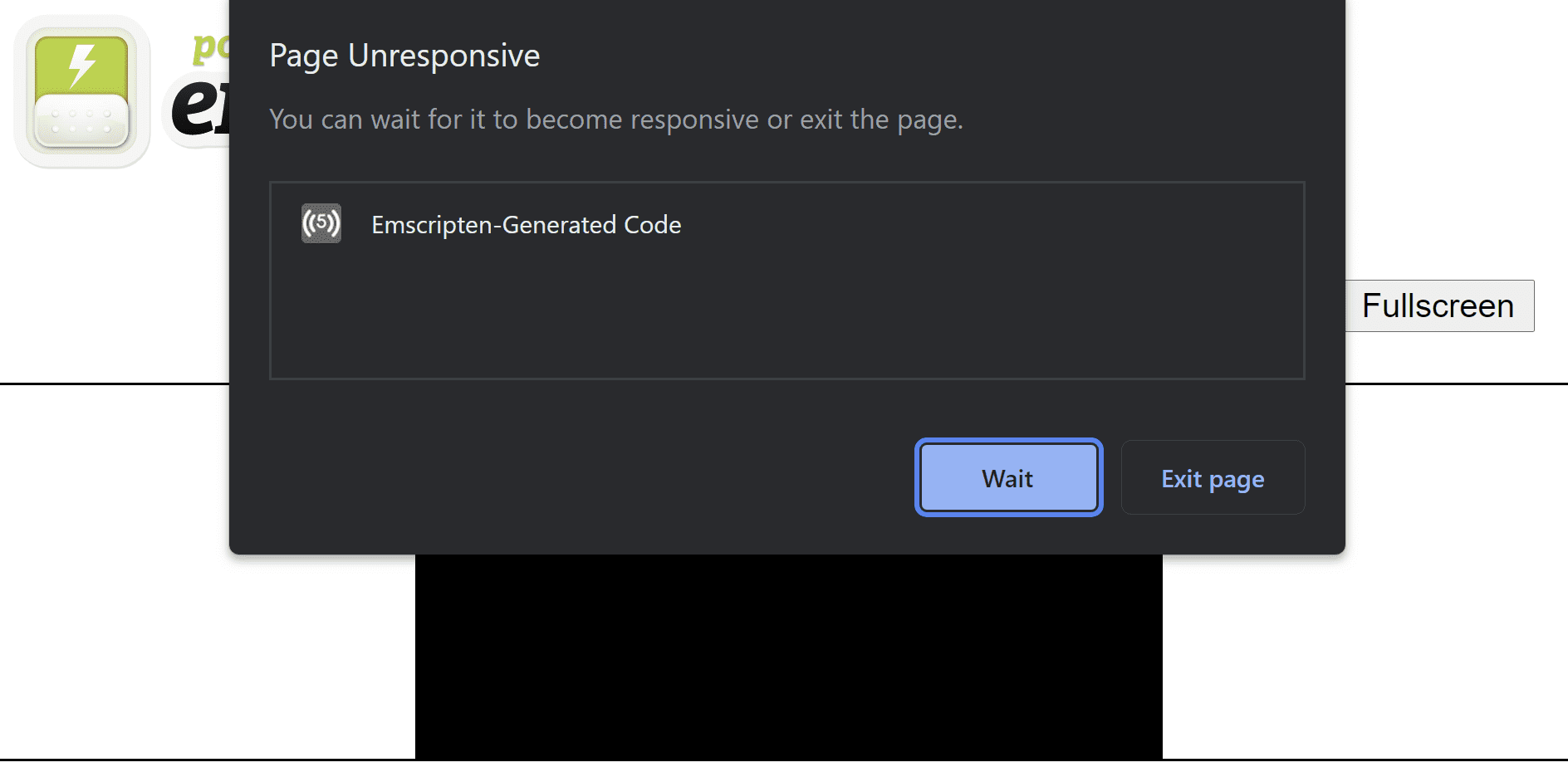 Emscripten-generated HTML page overlaid with a 'Page Unresponsive' error dialogue suggesting to either wait for the page to become responsible or exit the page