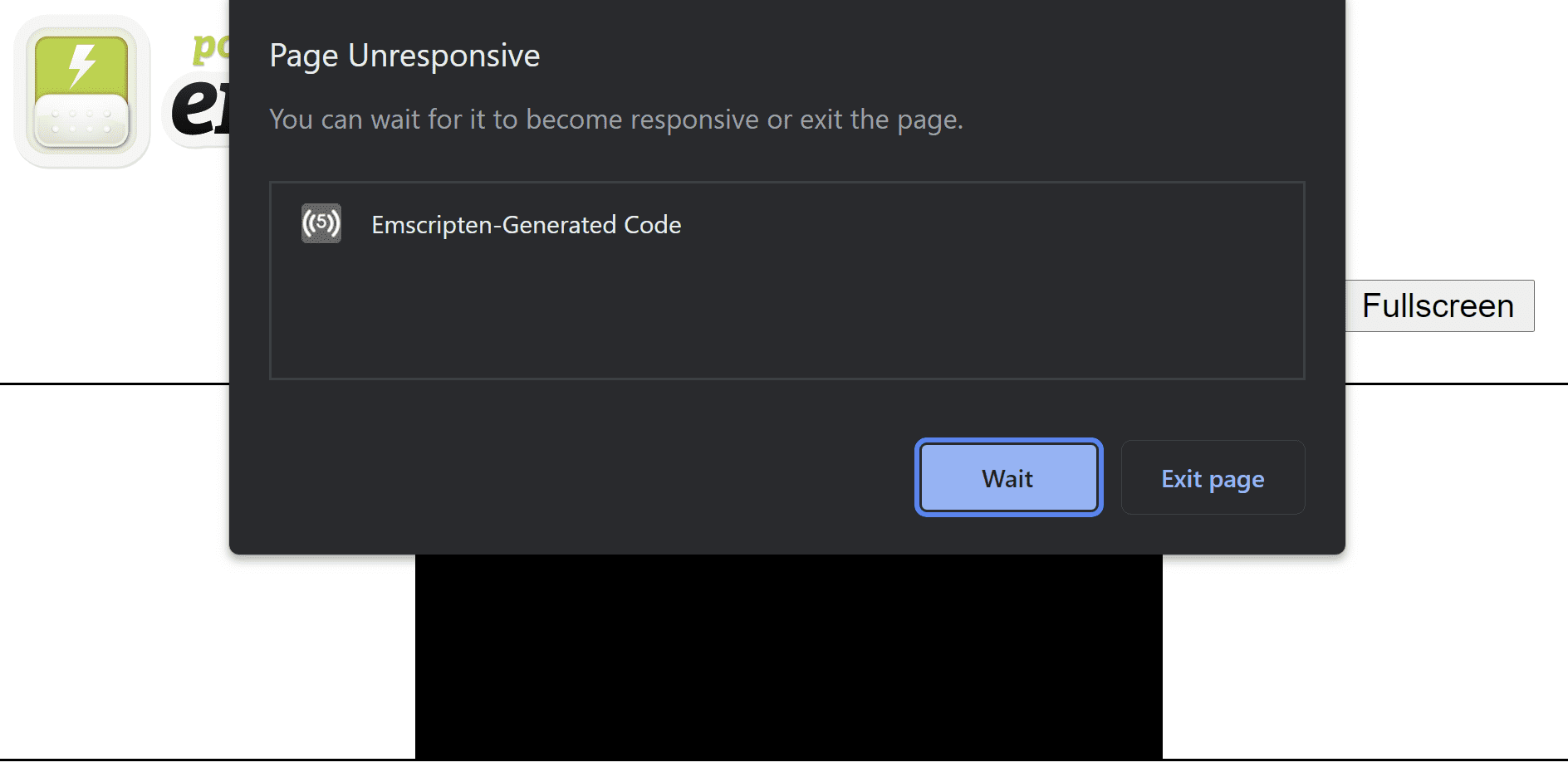 Página HTML gerada pelo emscripten sobreposta a uma caixa de diálogo de erro "Page Unresponsive" que sugere aguardar a página se tornar responsável ou sair dela