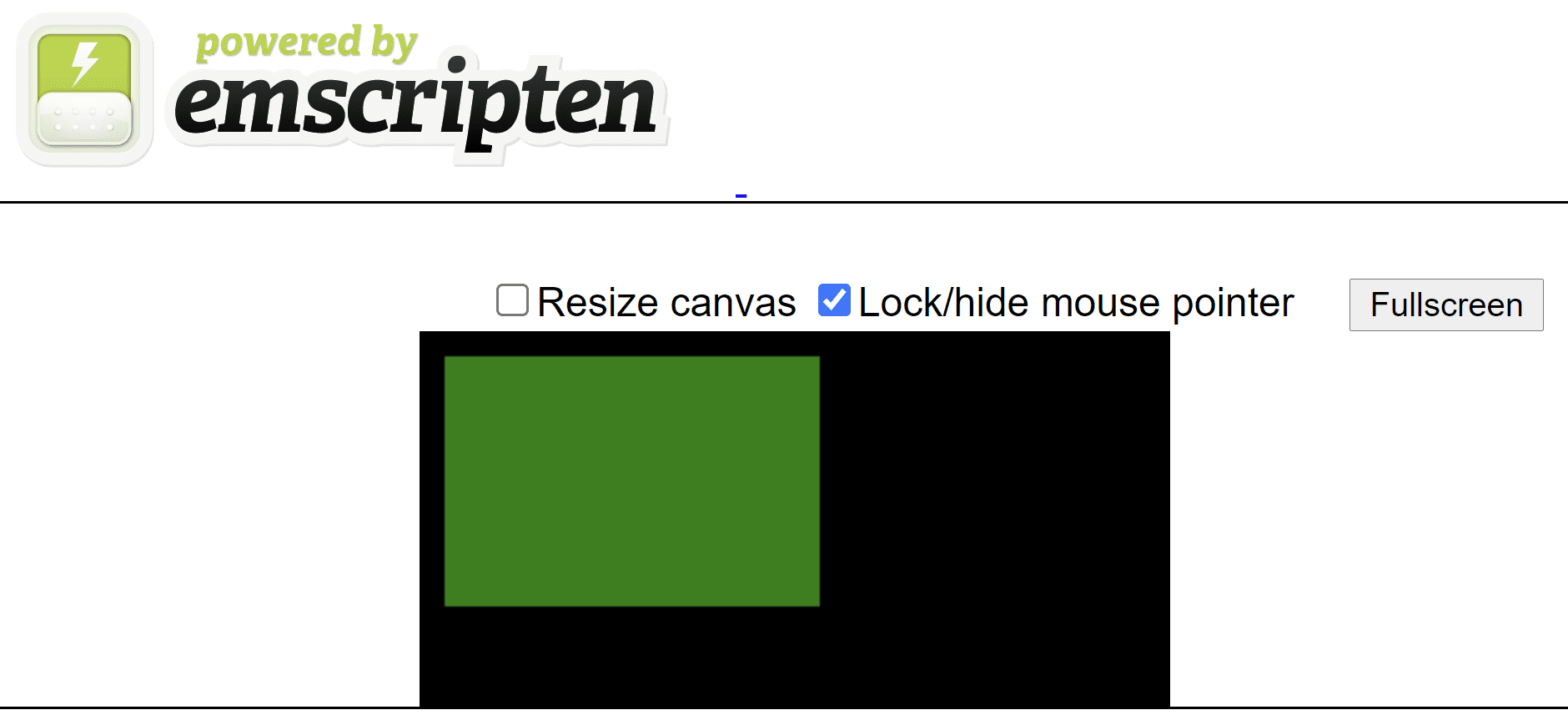 黒いキャンバスに緑色の長方形が表示されている、Emscripten により生成された HTML ページ。