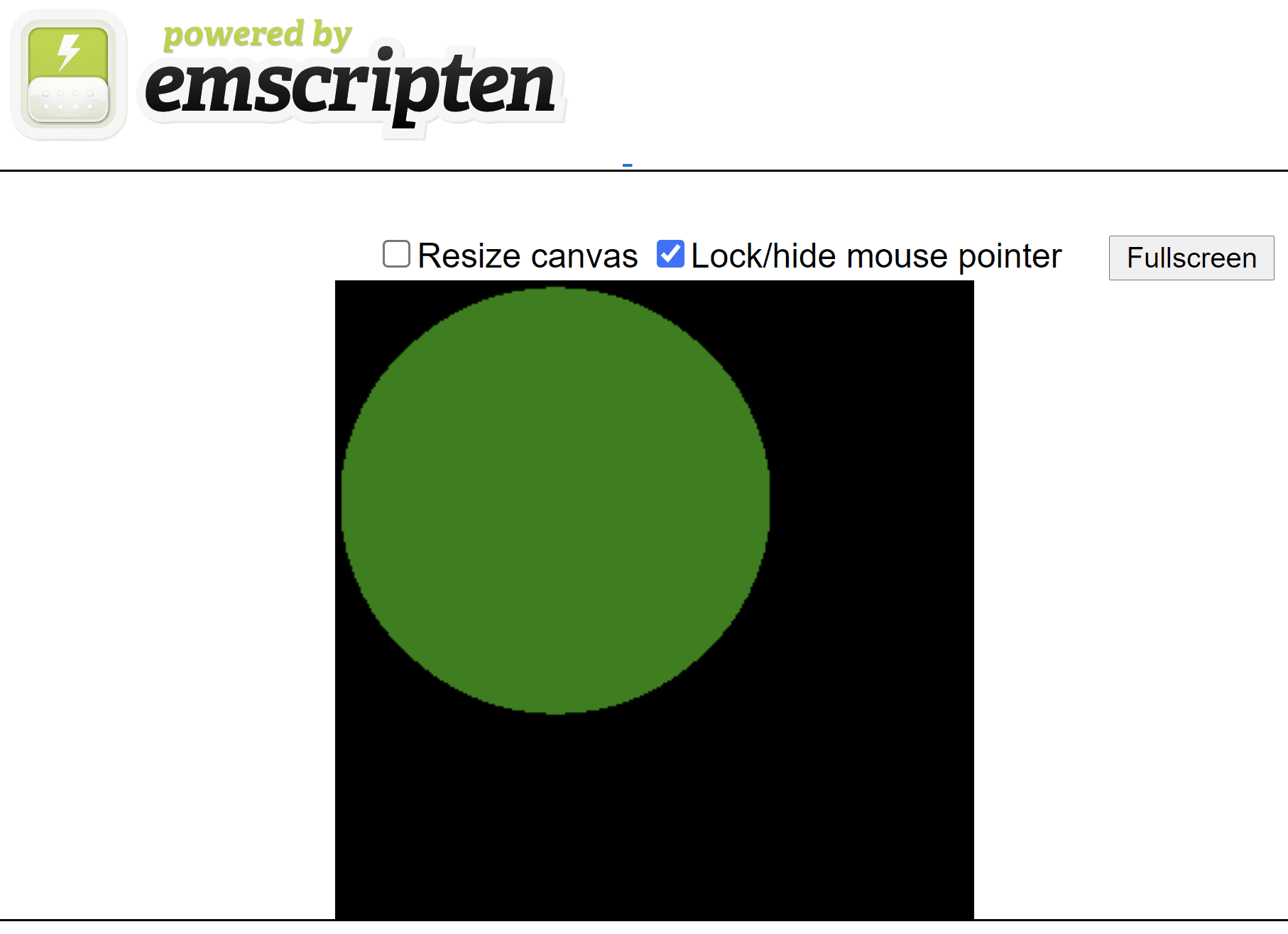 หน้า HTML ที่สร้างโดย Emscript ซึ่งแสดงวงกลมสีเขียวบนผืนผ้าใบสี่เหลี่ยมจัตุรัสสีดำ