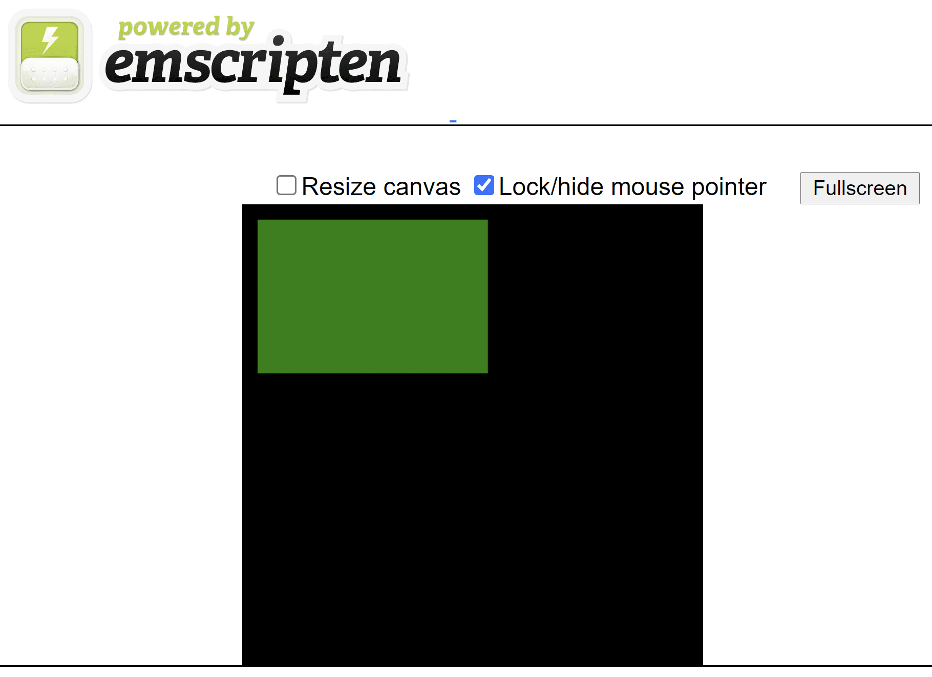 Strona HTML wygenerowana przez emscripten przedstawiająca zielony prostokąt na czarnym kwadratowym płótnie.