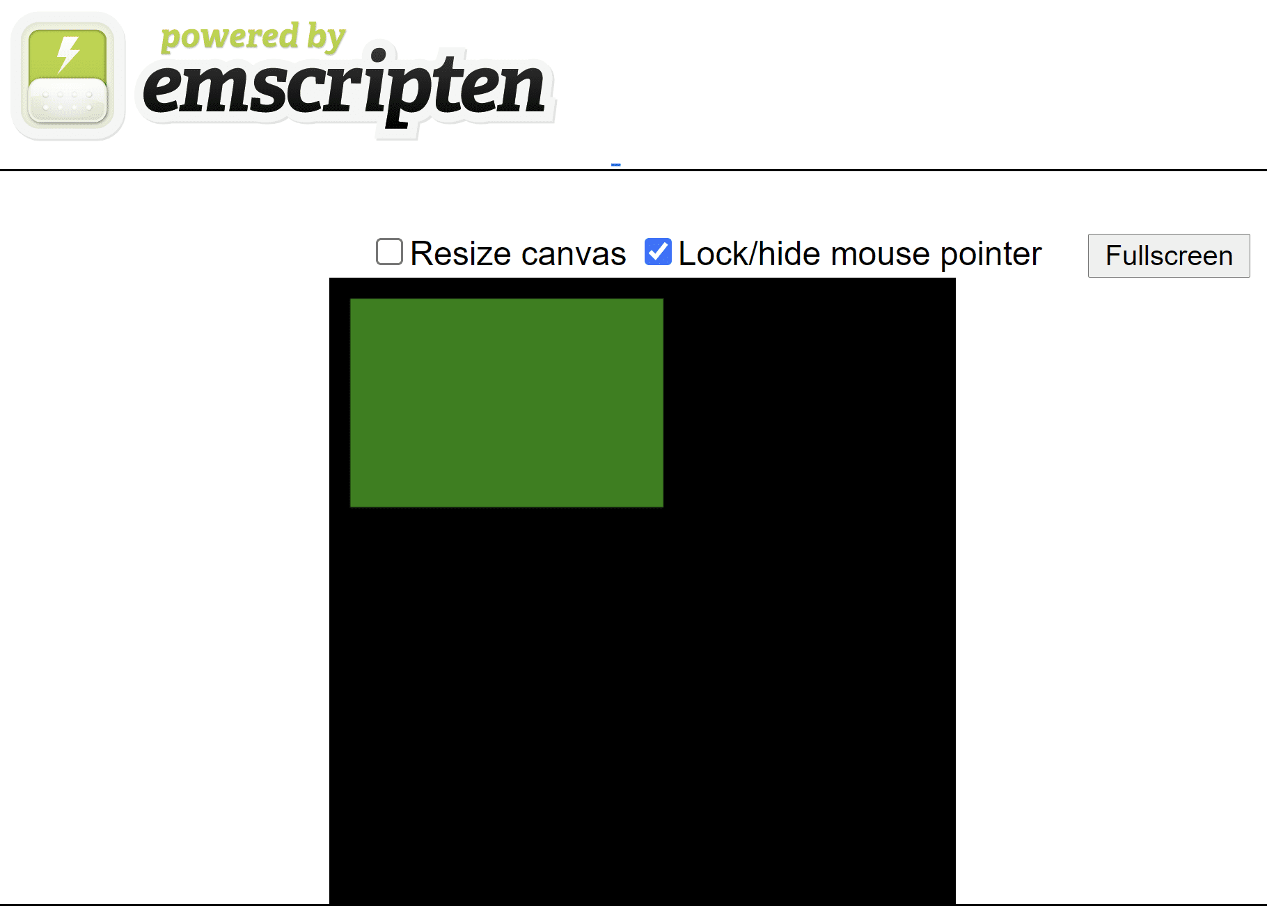 黒い正方形のキャンバスに緑色の長方形を表示する、Emscripten 生成の HTML ページ。