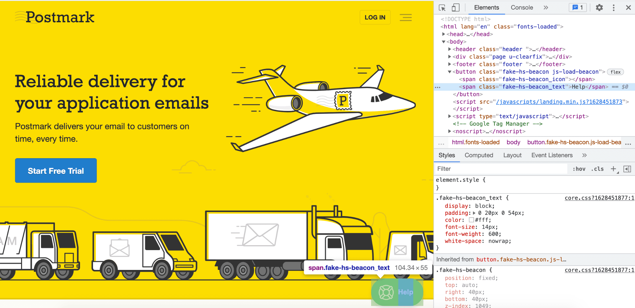 Postmark chat widget in an HTML editor showing the packaged code.
