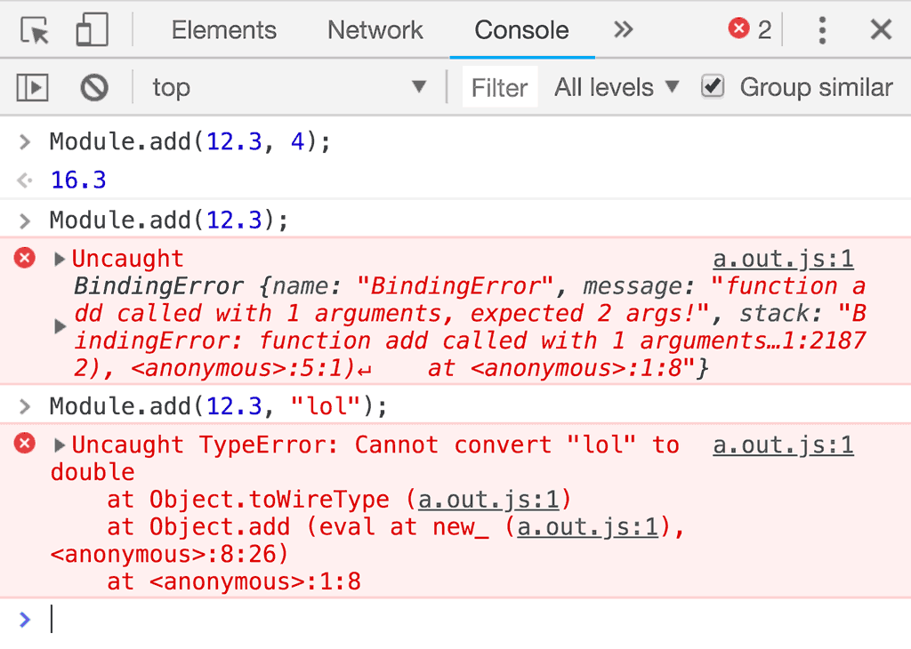 DevTools gibt einen Fehler aus, wenn Sie eine Funktion mit der falschen Anzahl von Argumenten aufrufen oder die Argumente den falschen Typ haben.